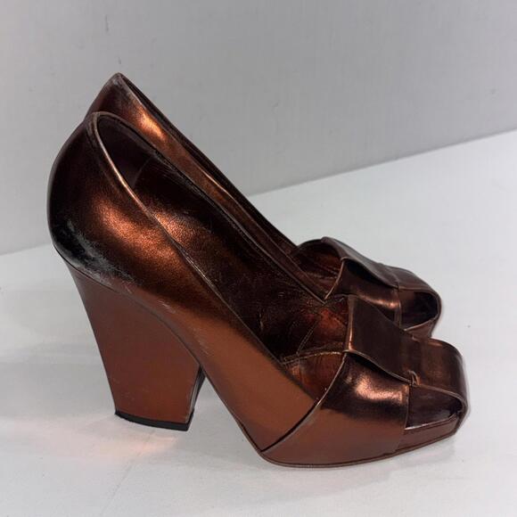 Yves Saint Laurent Shoes - Yves Saint Laurent YSL Basket Orange Bronze Leather Designer Heels Sandals 37.5